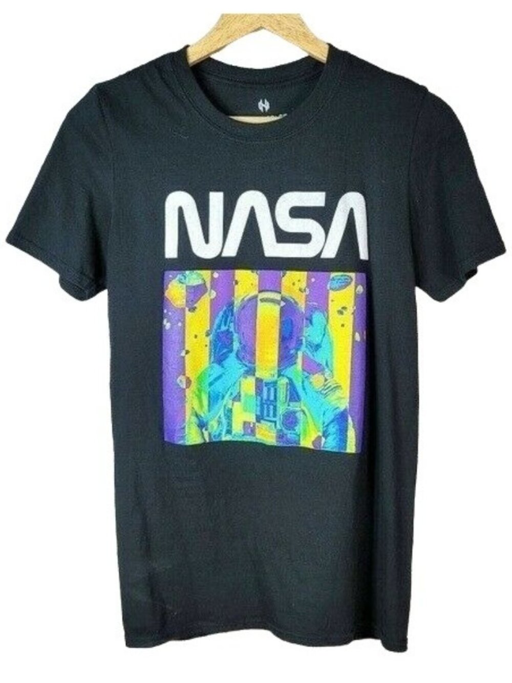 Hyper Space Mens NASA T Shirt Black Small Neon Astronaut Short Sleeve Crew Neck